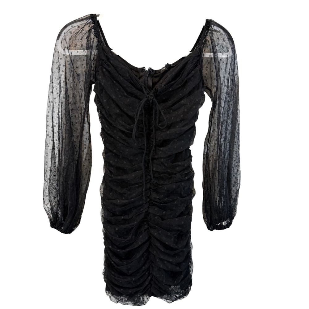 FashionNova Womens Black Ruched Bodycon Mini Dress with Sheer Dot Sleeves Size M